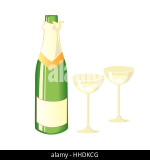 Two glasses of champagne and bottle. Vector illustration. Stock Vector