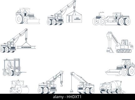 Heavy construction machine background. vector machinery set. Stock Vector