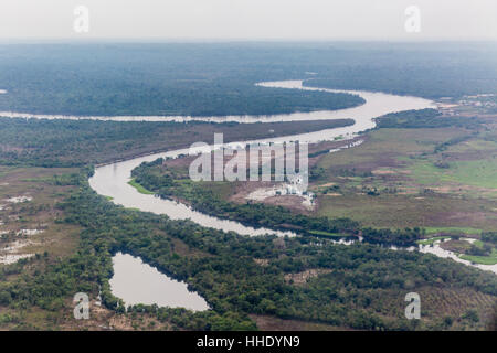 Aerial view of the Amazon River flying into Iquitos, Loreto, Peru Stock Photo