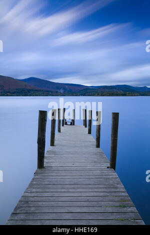 Twilight descends over the Watendlath jetty on Derwent Water, Lake District National Park, Cumbria, UK Stock Photo