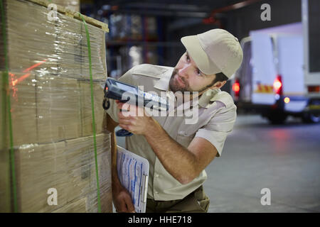 Truck driver worker with scanner scanning pallet of boxes in distribution warehouse Stock Photo