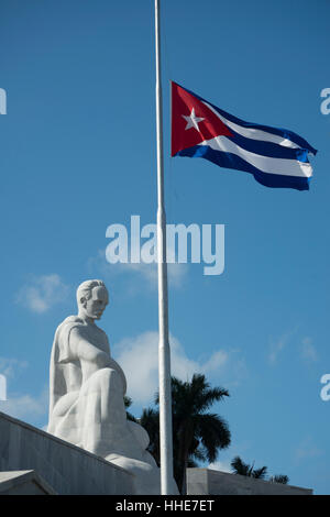 Cuban flag half mast in Revolution Square after death of Fidel Castro Stock Photo
