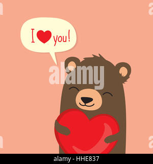 Valentine's Day card with cute cartoon bear holding heart and saying I love you in speech bubble Stock Photo