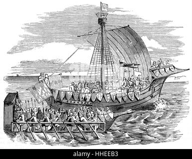 Engraving of a warship and galley from the 15th Century. Dated 19th ...