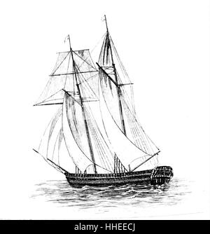 Engraving of a Schooner, a sailing ship with two or more masts ...