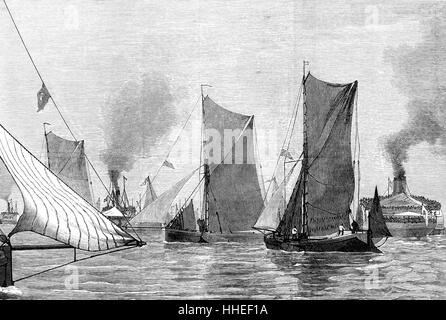 Illustration depicting a scene from the twelfth annual sailing-match of the Thames barges. Dated 19th Century Stock Photo