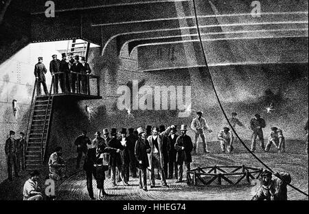 Engraving depicting King Edward VII visiting the 'Great Eastern' used during the creation of the Atlantic Telegraph Dated 19th Century Stock Photo