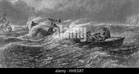 Engraving depicting the launching of a lifeboat into the water. Dated 19th Century Stock Photo