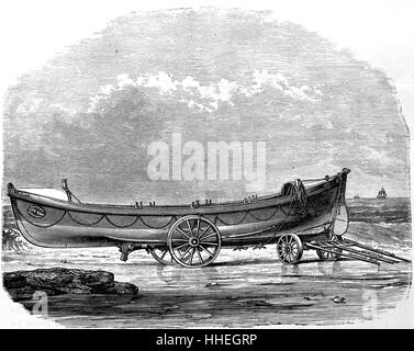 Engraving depicting the launching of a lifeboat into the water. Dated 19th Century Stock Photo