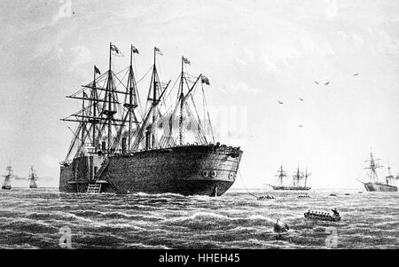 Engraving depicting the 'Great Eastern' used during the creation of the Atlantic Telegraph. Dated 19th Century Stock Photo