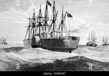 Engraving depicting the 'Great Eastern' used during the creation of the Atlantic Telegraph. Dated 19th Century Stock Photo