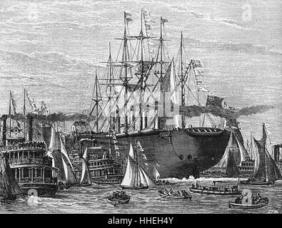 Engraving depicting the 'Great Eastern' used during the creation of the Atlantic Telegraph. Dated 19th Century Stock Photo