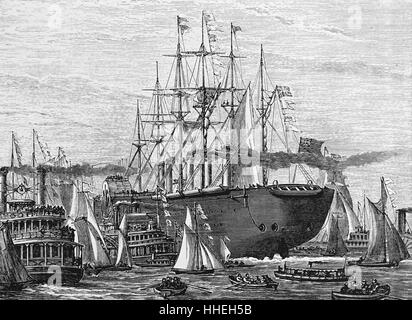 Engraving depicting the 'Great Eastern' used during the creation of the Atlantic Telegraph. Dated 19th Century Stock Photo