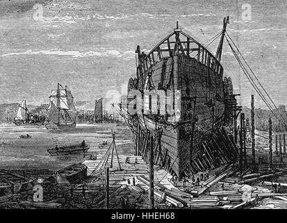 Engraving depicting the 'Great Eastern' used during the creation of the Atlantic Telegraph. Dated 19th Century Stock Photo