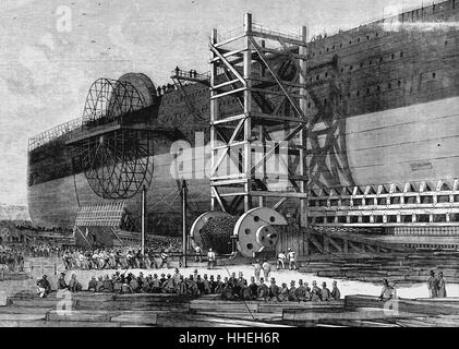 Engraving depicting the 'Great Eastern' used during the creation of the Atlantic Telegraph. Dated 19th Century Stock Photo