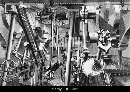 Engraving depicting the 'Great Eastern' used during the creation of the Atlantic Telegraph. The intermediate paddle engine room. Dated 19th Century Stock Photo