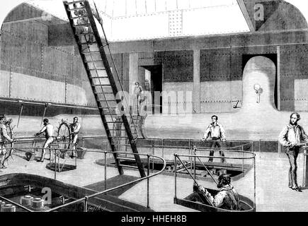 Engraving depicting the 'Great Eastern' used during the creation of the Atlantic Telegraph. Showing the screw engine room. Dated 19th Century Stock Photo