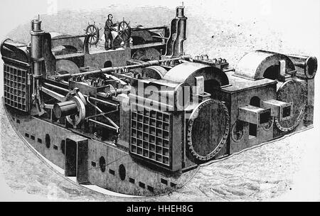 Engraving depicting the 'Great Eastern' used during the creation of the Atlantic Telegraph. Showing the screw engine room. Dated 19th Century Stock Photo