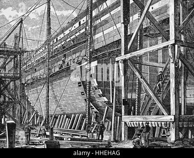 Engraving depicting the 'Great Eastern' used during the creation of the Atlantic Telegraph. Shows the men working on the boat. Dated 19th Century Stock Photo