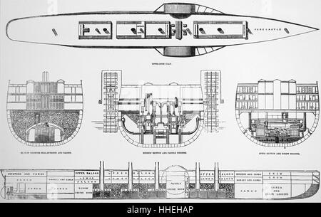 Engraving depicting the 'Great Eastern' used during the creation of the Atlantic Telegraph. Shows the plans for the boat. Dated 19th Century Stock Photo