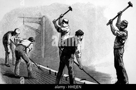 Illustration depicting the heating the bar of angle steel for the rib of a ship so that it could be shaped on the bending slab. Dated 19th Century Stock Photo
