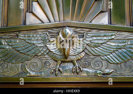 The 1930 Art Deco styled Marine Building at 355 Burrard Street, Vancouver, British Columbia, Canada. Entrance, eagle & fish. Stock Photo