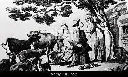 Illustration of the fictional character of Dr Syntax with the Squire, his wife and sister, accompanying him to the farmyard to sketch the animals. Dr Syntax was created by William Combe (1742-1823) and the cartoonist Thomas Rowlandson (1756-1827). Dated 19th Century Stock Photo