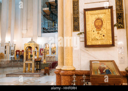 Tbilisi, Georgia - October 21, 2016: Interior Of The Holy Trinity Cathedral of Tbilisi. Sameba is the main cathedral of the Georgian Orthodox Church Stock Photo