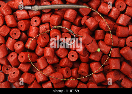 Fishing bait with hook on red pre-drilled halibut pellets for carp fishing background Stock Photo