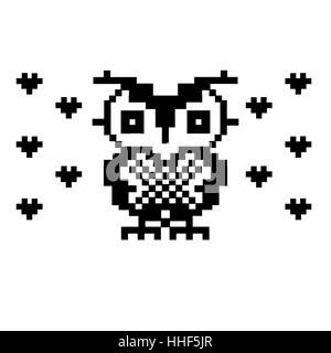 Lovely owl and hearts. bird pixel art template. Stock Vector