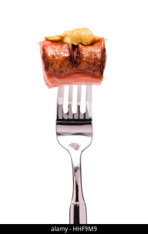 insalubrious, mustard, fork, ruddiness, snack, red, sausage, macro, close-up, Stock Photo