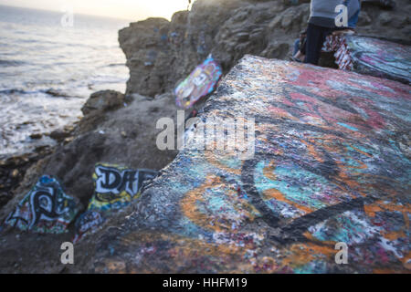 San Pedro, USA. 16th Jan, 2017. The area of abandoned roads and suburban development is a popular place to watch the sunset on the Palos Verdes Peninsula. The area is technically off limits to the public but graffiti artists and beachgoers alike crowd the area on weekends. Credit: Stuart Palley/ZUMA Wire/Alamy Live News Stock Photo