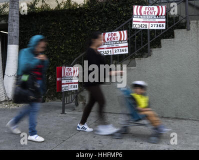 Los Angeles, USA. 18th Jan, 2017. Rental signs are seen outside a property in Los Angeles. Rents hit a new multiyear high in December as limited supply and high demand pushed costs higher, the U.S. Department of Labor reported today. Rents rose 4 percent, the strongest yearly gain since December 2007, the month the Great Recession began, compared to December 2015, the department said. Rents are appreciating at a high pace, particularly on the West Coast. Credit: ZUMA Press, Inc./Alamy Live News
