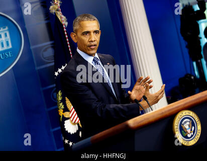 Washington, DC, USA. 18th Jan, 2017. United States President Barack Obama gives his last press conference in the press briefing room of the White House, Washington, DC. Credit: Aude Guerrucci/Pool via CNP /MediaPunch Stock Photo