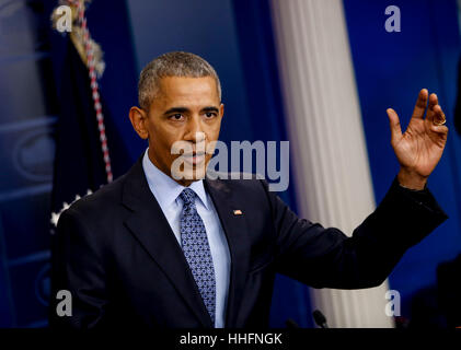 Washington, DC, USA. 18th Jan, 2017. United States President Barack Obama gives his last press conference in the press briefing room of the White House, Washington, DC. Credit: Aude Guerrucci/Pool via CNP /MediaPunch Stock Photo