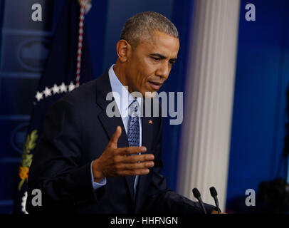 Washington, DC, USA. 18th Jan, 2017. United States President Barack Obama gives his last press conference in the press briefing room of the White House, Washington, DC. Credit: Aude Guerrucci/Pool via CNP /MediaPunch Stock Photo