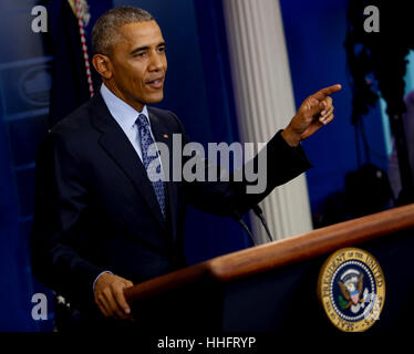 Washington, Us. 18th Jan, 2017. United States President Barack Obama gives his last press conference in the press briefing room of the White House, Washington, DC, January 18, 2017. Credit: Aude Guerrucci/Pool via CNP - NO WIRE SERVICE - Photo: Aude Guerrucci/Consolidated/dpa/Alamy Live News Stock Photo