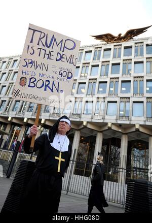 Donald Trump protester dressed as a nun at the US Embassy in London, UK Stock Photo