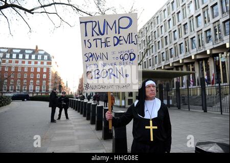 Donald Trump protester dressed as a nun at the US Embassy in London, UK Stock Photo