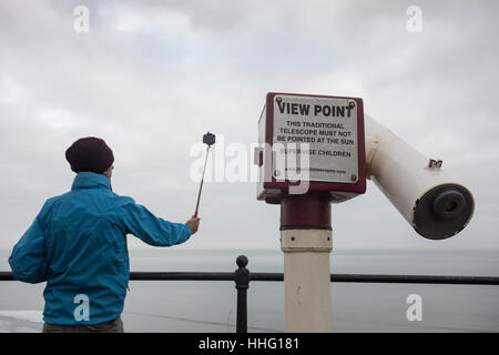 Saltburn by the Sea, North Yorkshire, UK. 19th January, 2017. Weather: A grey, calm and cool morning on Saltburn beach on the North Yorkshire coast. Credit: ALAN DAWSON/Alamy Live News Stock Photo