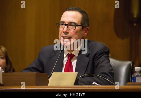 Washington, USA. 19th Jan, 2017. Steven Mnuchin, Treasury secretary nominee for U.S. President-elect Donald Trump, speaks during a Senate Finance Committee confirmation hearing in Washington, DC, U.S., on Thursday, Jan. 19, 2017. Mnuchin defended his record as an owner of a mortgage lender that was accused of unfair loan and foreclosure practices during the financial crisis. Credit: PixelPro/Alamy Live News Stock Photo