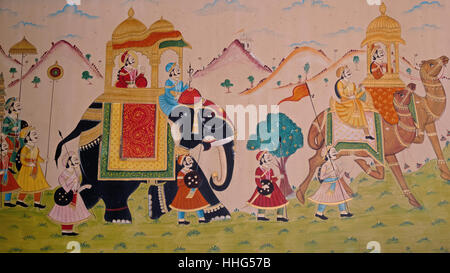 Wall art in Gujarat displaying the characteristic level of detail shown by traditional Indian miniature painting Stock Photo