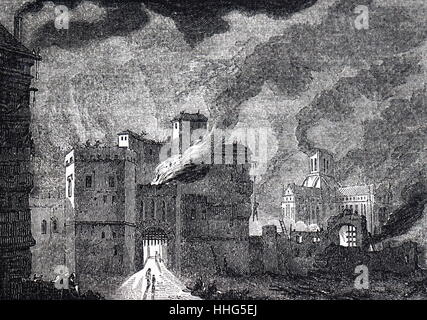 Old St Paul's Cathedral burning in the Great Fire of London, 1666 Stock ...