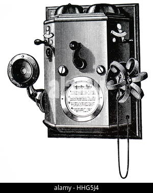 Edison telephone in a wall-mounted box. From George Bartless Prescott the electric telephone, New York, 1890 Stock Photo