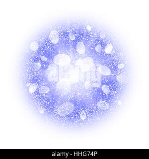 Abstract explosion with blue and white dust elements isolated on white. Burst of icy snow ball. Bright dust firework light effect with blue glow. Sparkles splash powder background. Vector illustration Stock Vector