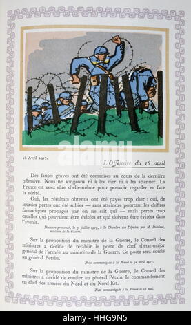 French soldiers charge from a trench towards barbed wire, 1917. World war One. Illustration, by Andre Helle, pseudonym of Andre Laclotre, French painter and decorative artist, illustrator, 1871 - 1945 Stock Photo