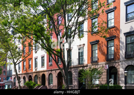 Tree Lined Block of Apartment Buildings in Manhattan, New York City Stock Photo