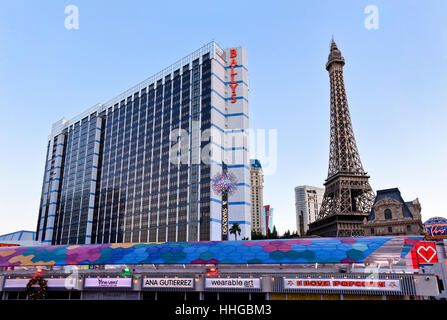 Bally's Hotel & Casino and the Eiffel Tower in the Paris section of the Las Vegas Strip. Stock Photo