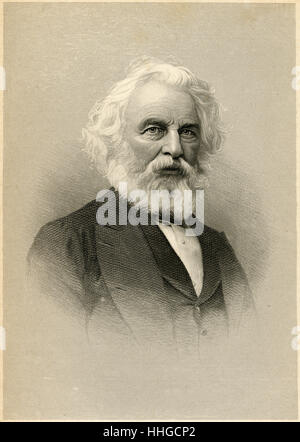 Antique c1890 engraving, Henry Wadsworth Longfellow. Henry Wadsworth Longfellow (1807-1882) was an American poet and educator whose works include 'Paul Revere's Ride', The Song of Hiawatha, and Evangeline. SOURCE: ORIGINAL ENGRAVING. Stock Photo