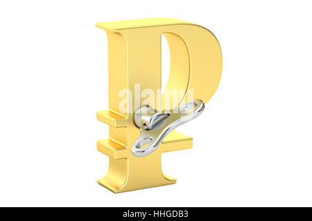 Golden Ruble symbol with wind-up key, 3D rendering Stock Photo